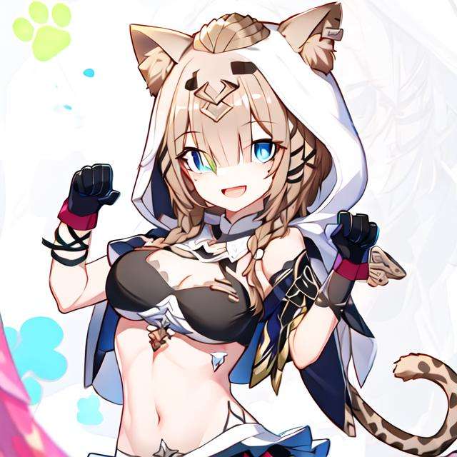 <lora:pardofelis:1>(heterochromia:1.1), masterpiece, best quality, soft lighting, absurdres, looking at viewer, solo, official costume, pardofelis (honkai impact), cat girl, bright pupils, blue eyes, green eyes, light brown hair, mole under eye, black bikini, black skirt, frilled skirt, bikini top only, 1girl, cat tail, breasts, cat, cat ears, navel, skirt, cleavage, open mouth, tail, smile, animal ears, looking at viewer, solo, hood, brown hair, bangs, bikini, swimsuit, black gloves, paw pose, :d, gloves, midriff, medium hair, (ulzzang-6500:0.9)