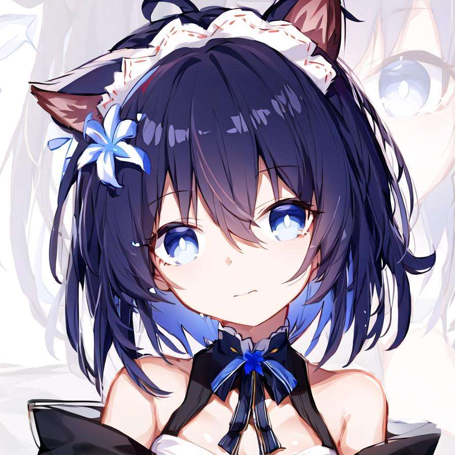 Seele,seele，detailed，masterpiece, best quality，Seele,seele，detailed，masterpiece, best quality，1girl, solo,  bangs,hair ornament, hair flower,,  blue eyes, short hair,, bare shoulders, blue hair, hair between eyes, white flower,   blue flower，black hair，1girl,cat ears, maid,maid headdress,