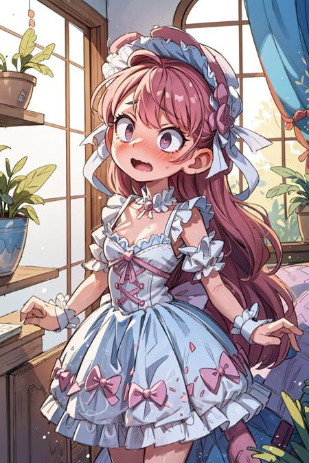 ((best quality, masterpiece)), ((style-swirlmagic):0.5),1girl, lolita_dress  , mansion , living room, plants at window, embarrassed <lora:ArsEmbarrassed-t5:0.5>, (constricted pupils, small pupils), blush , open mouth, <lora:more_details:0.5>,<lora:Constricted Pupils5:0.5>, <lora:lolita_dress_classic_1_v3:0.5>