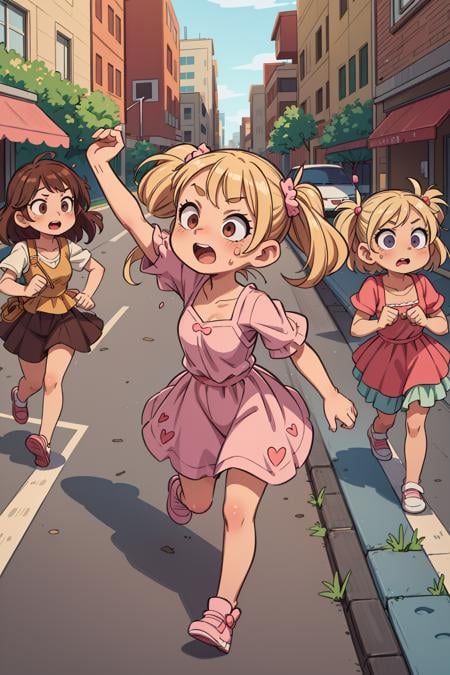 ((best quality, masterpiece)), dramatic, 2girls , running, blonde girl and brown hair girl,pink (((kawaii))) sundress, street, crowd, <lora:more_details:0.5>