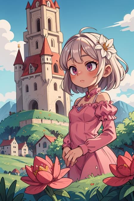 ((best quality, masterpiece)), 1girl, princess pink dress, flowers, white messy hair,  outdoor, clouds on background,fantasy, medieval, castle on background<lora:more_details:0.5>