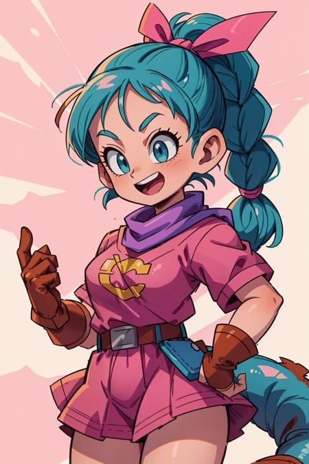 ((best quality, masterpiece)), ((style-swirlmagic):0.4),1girl, power pose,  <lyco:bulma_v1:0.7>dragon ball, blmpony, aqua hair, hair ribbon, braided ponytail, pink shirt, belt, scarf, pink skirt, clothes writing, brown gloves, smile, open mouth,<lora:more_details:0.3>,   <lora:bulma_9:0.6>