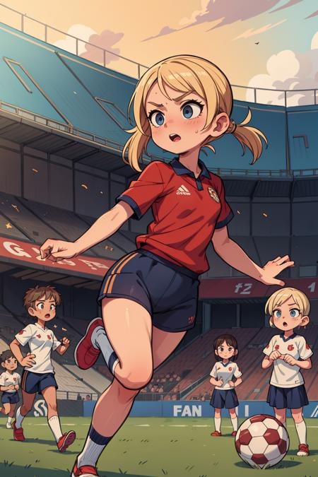 ((best quality, masterpiece)), dramatic, 2girls, running, soccer team uniform, sports uniform, blonde hair, soccer field, crowd <lora:more_details:0.5>