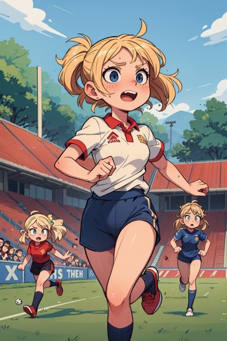 ((best quality, masterpiece)), dramatic, 2girls, running, soccer team uniform, sports uniform, blonde hair, soccer field, crowd <lora:more_details:0.5>