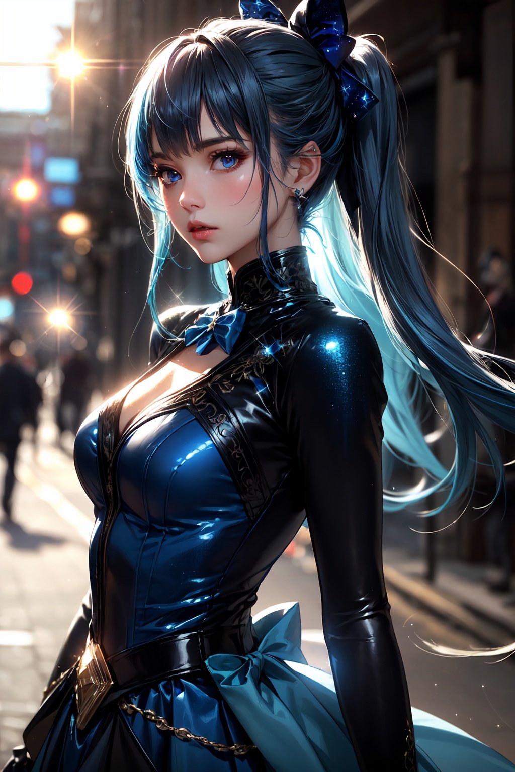 future signature \(costume\), blue clothes, blue hair bow, (best quality, 8K, masterpiece, ultra detailed:1.2), (lens flare, light particles, sparkle), depth of field, 1girl, solo, street, beautiful face,cowboy shot,