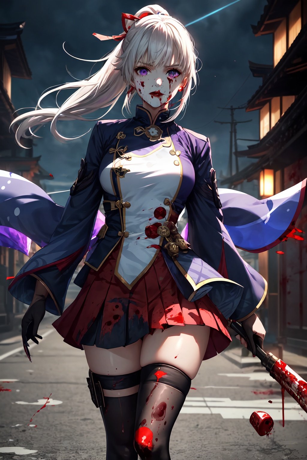 1girl, japanese clothes, ponytail ,white hair, purple eyes, magic circle, blue fire, blue flames, wallpaper, landscape, blood, blood splatter, depth of field, night, light particles, light rays, sidelighting, thighs, fate \(series\), genshin impact, ****, open jacket, skirt, thighhighs, cloud, (blood splatter:1.4),