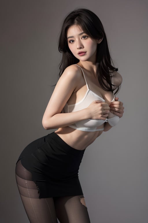 1girl, crop top, pleated skirt, bent over, from side, hands on own breasts, looking at viewer, cleavage, covering breasts, sweatdrop, strap gap,, masterpiece, best quality, highly detailed,anatomically correct,双手放在胸口上,（(手臂连接手部)）,torn pantyhose