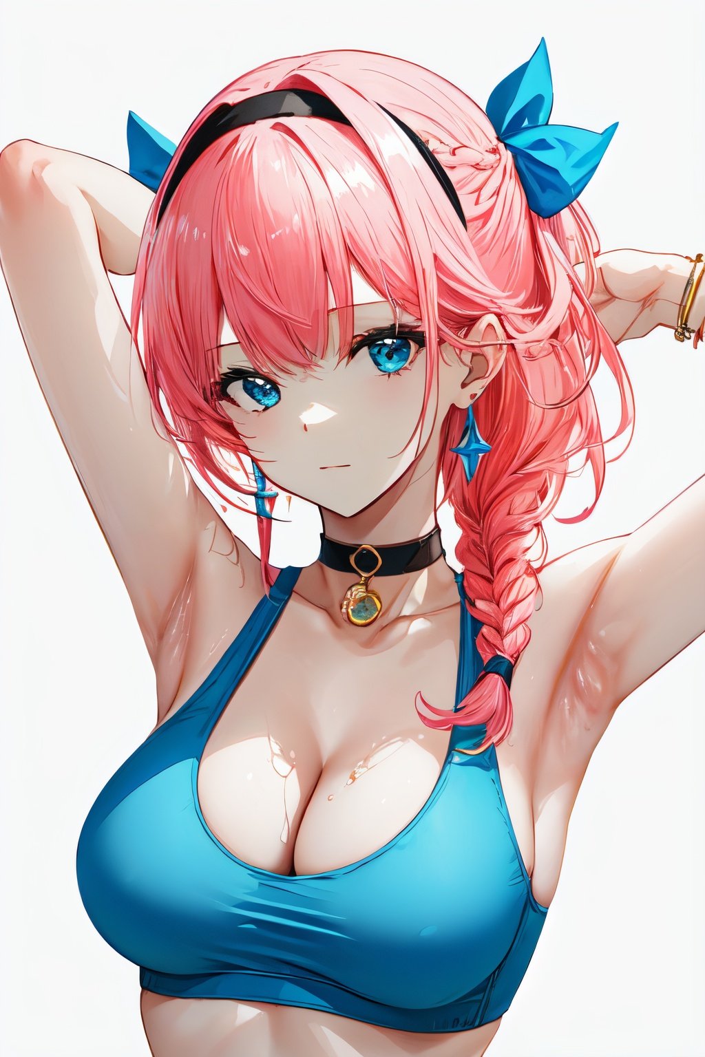 oha style, pink choker, solo, presenting armpit, white background, long hair, armpits, jewelry, choker, looking at viewer, pink hair, blue eyes, sports bra, braid, cleavage, 1girl, hairband, v, simple background, twin braids, earrings, arm up, upper body<lyco:omone_hokoma_agm_style:1>