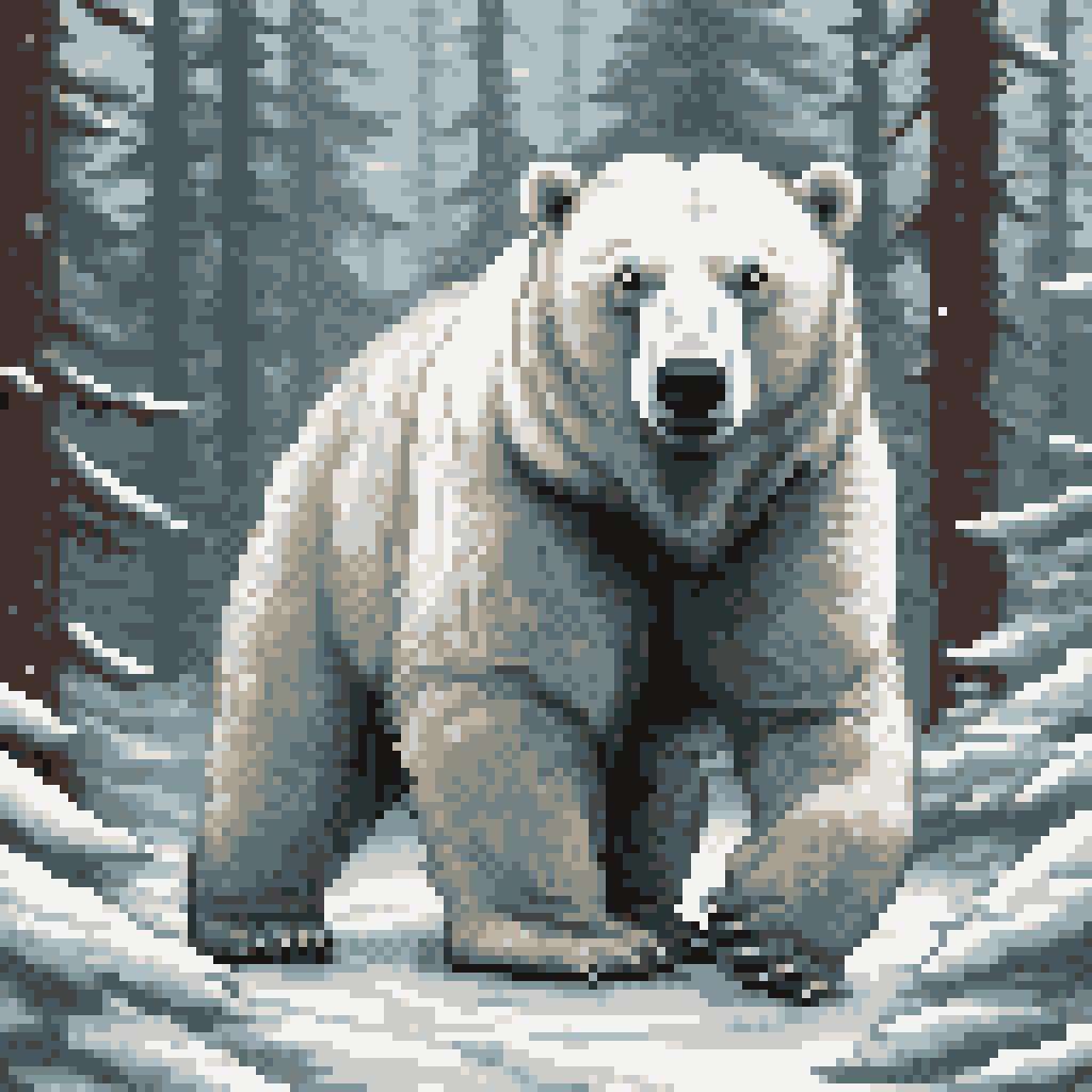 Polar bear in winter forest, insane details, intricate details, hyperdetailed, hdr, faded, pixel art <lora:pixelbuildings128-v1:1>