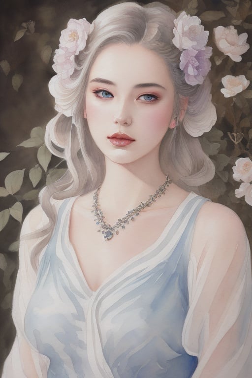  (((watercolo styly of a woman))), lying, be enchanted, (detailed painting inspired by Charlie Bowater:1.3), blooming exquisite necklace, detailed fantasy, white silver painting, her face is a lilac flower, dreamland,fine art parody,claborate-style painting