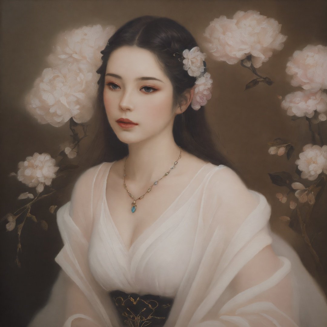 (((oil painting of a woman))), lying, be enchanted, (detailed painting inspired by Charlie Bowater:1.3), blooming exquisite necklace, detailed fantasy, white silver painting, her face is a lilac flower, dreamland,fine art parody,claborate-style painting