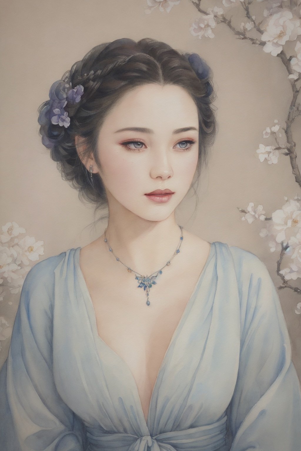  (((watercolo styly of a woman))), lying, be enchanted, (detailed painting inspired by Charlie Bowater:1.3), blooming exquisite necklace, detailed fantasy, white silver painting, her face is a lilac flower, dreamland,fine art parody,claborate-style painting