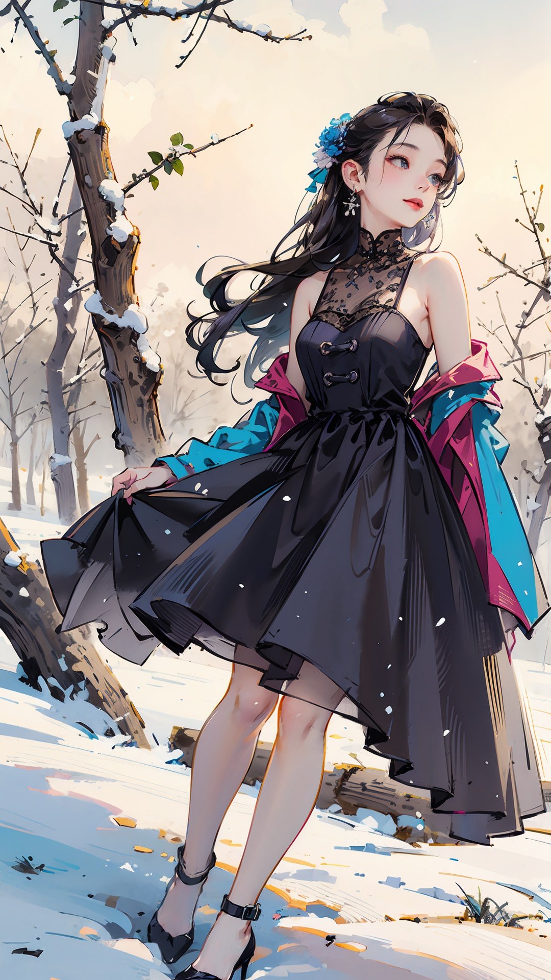  8K, best qualtiy, masterpiece, photograph realistic, Hide your face with happiness, purple Lolita costume, Lace, Aerith Gainsborough, whole body, undergarments, exposed bare shoulders, do lado de fora, outside, Covered with snow, cloaks, high high quality, Adobe Lightroom, highdetailskin, looking at viewert,