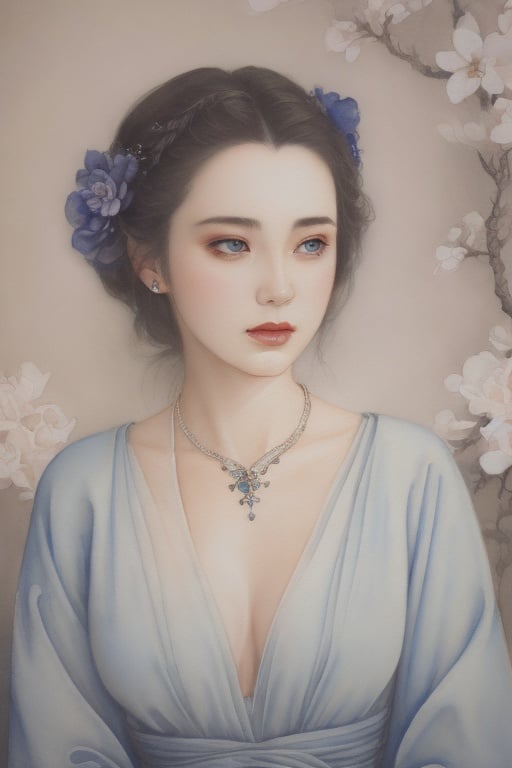  (((watercolo styly of a woman))), lying, be enchanted, (detailed painting inspired by Charlie Bowater:1.3), blooming exquisite necklace, detailed fantasy, white silver painting, her face is a lilac flower, dreamland,fine art parody,claborate-style painting