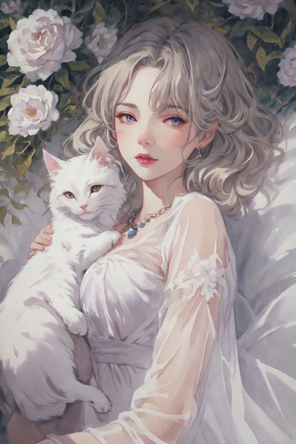  oil painting of a woman with a (Angora\(cat\)), lying, detailed painting inspired by Charlie Bowater, blooming exquisite necklace, 4 k detailed fantasy, white silver painting, her face is a lilac flower, dreamland, watercolor