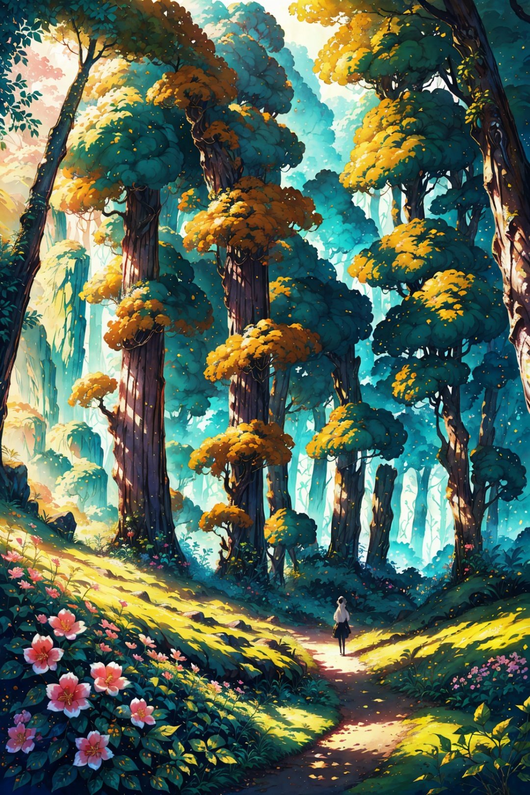  (illustration by antony gormley:0.8), 8K,HD,ultra detailed, dreamy perspective,a lady finds herself in a fantastic forest with towering trees radiating a mysterious light from their canopies. She walks down a path and encounters magical creatures and breathtaking plants, ultra detail, frosty anime stye