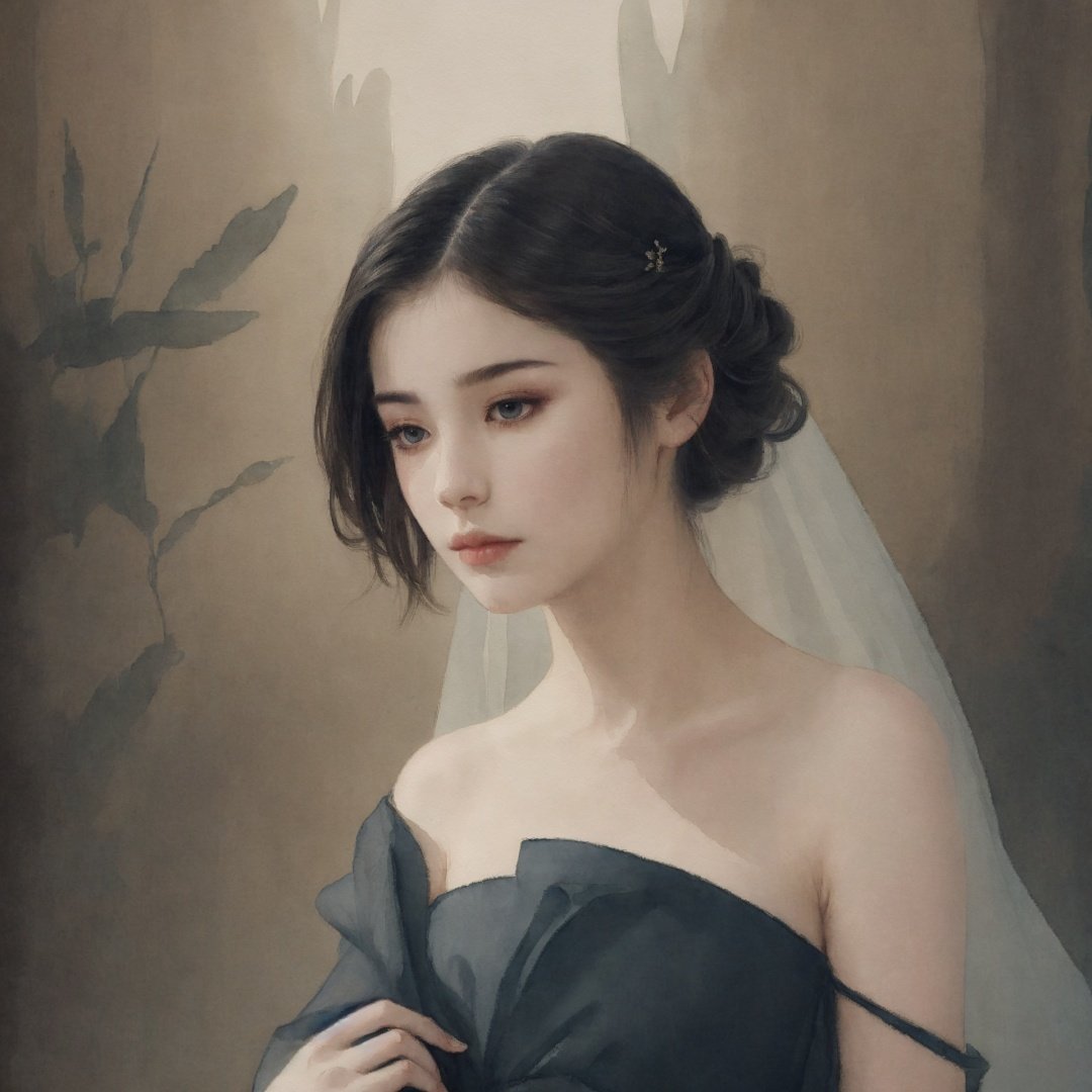  masterpiece, 8K, (watercolor style) of a girl, close up, ethereal beauty, elegant off-shoulder dress, mysterious ambiance, obscured silhouette, dimly lit, alluring look, chic bob hairstyle, FilmGirl, enchanted realm, cinematic lighting