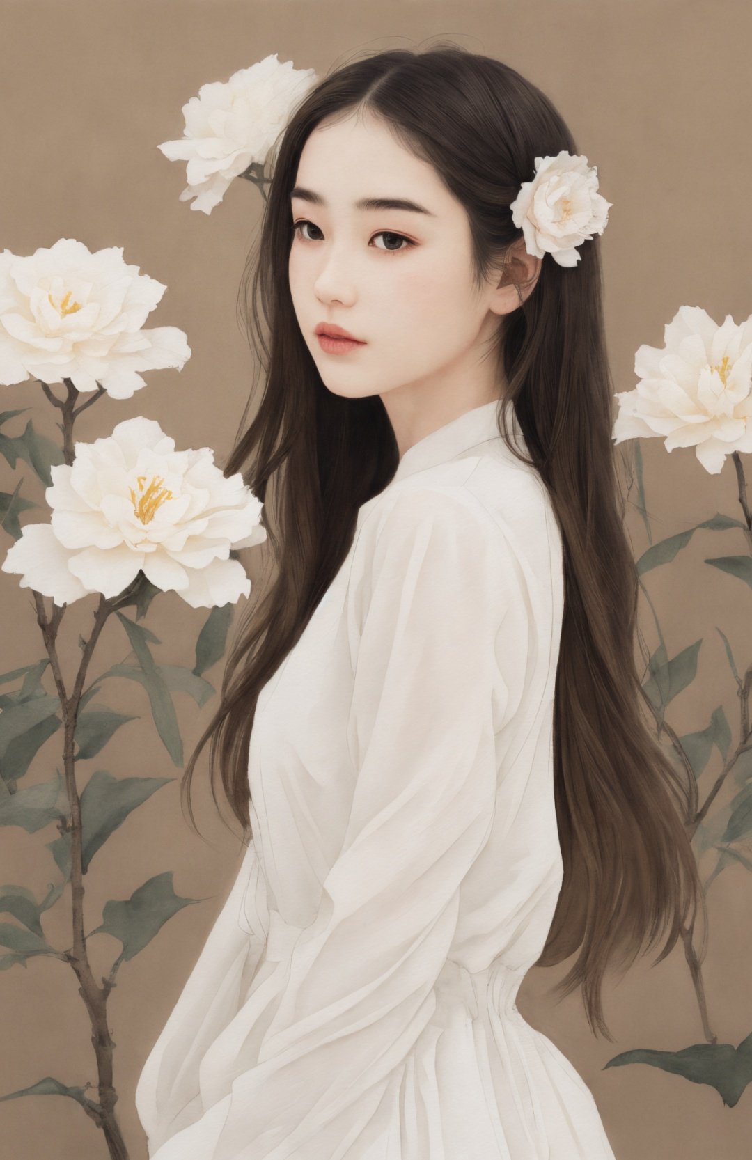 Bestquality,masterpiece,1girl,beautiful_face,eyebrows_visible_through_hair,lily_\(flower\),dress,holding_flower,from_side,watercolor style