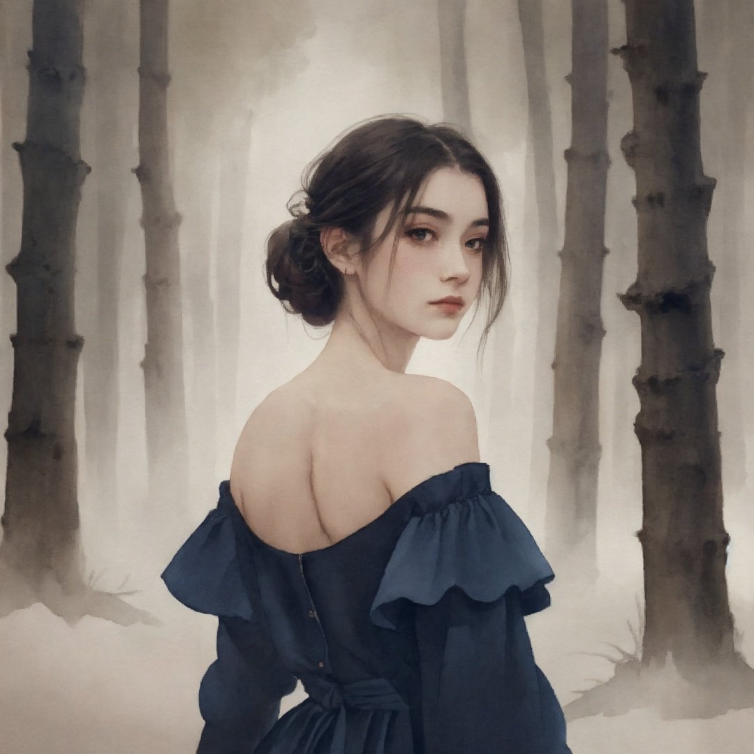  masterpiece, 8K, (watercolor style) of a girl, close up, ethereal beauty, elegant off-shoulder dress, mysterious ambiance, obscured silhouette, dimly lit, alluring look, chic bob hairstyle, FilmGirl, enchanted realm, cinematic lighting