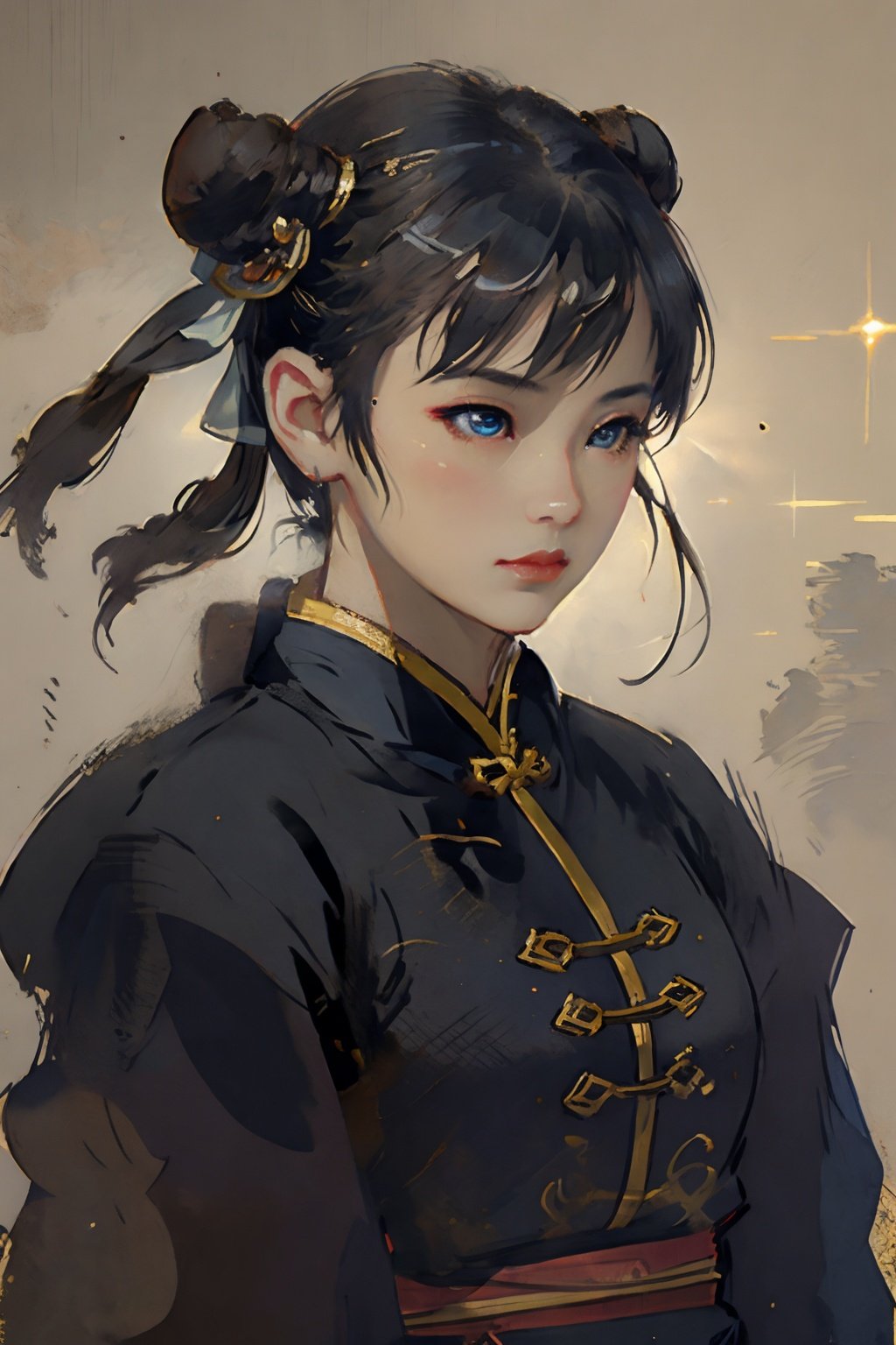 masterpiece, best quality, 8k, closeup, face up, 1girl, multicolored short hair, chiaroscuro, sparkle, vanishing point, textured skin, goddess, cinematic lighting, ornate, ornament, diamond, realistic, kind, resolute eyes,intelligent eyes,excellent temperament,BJ_Oil_painting, Chun_Li, looking at camera, Chinese style