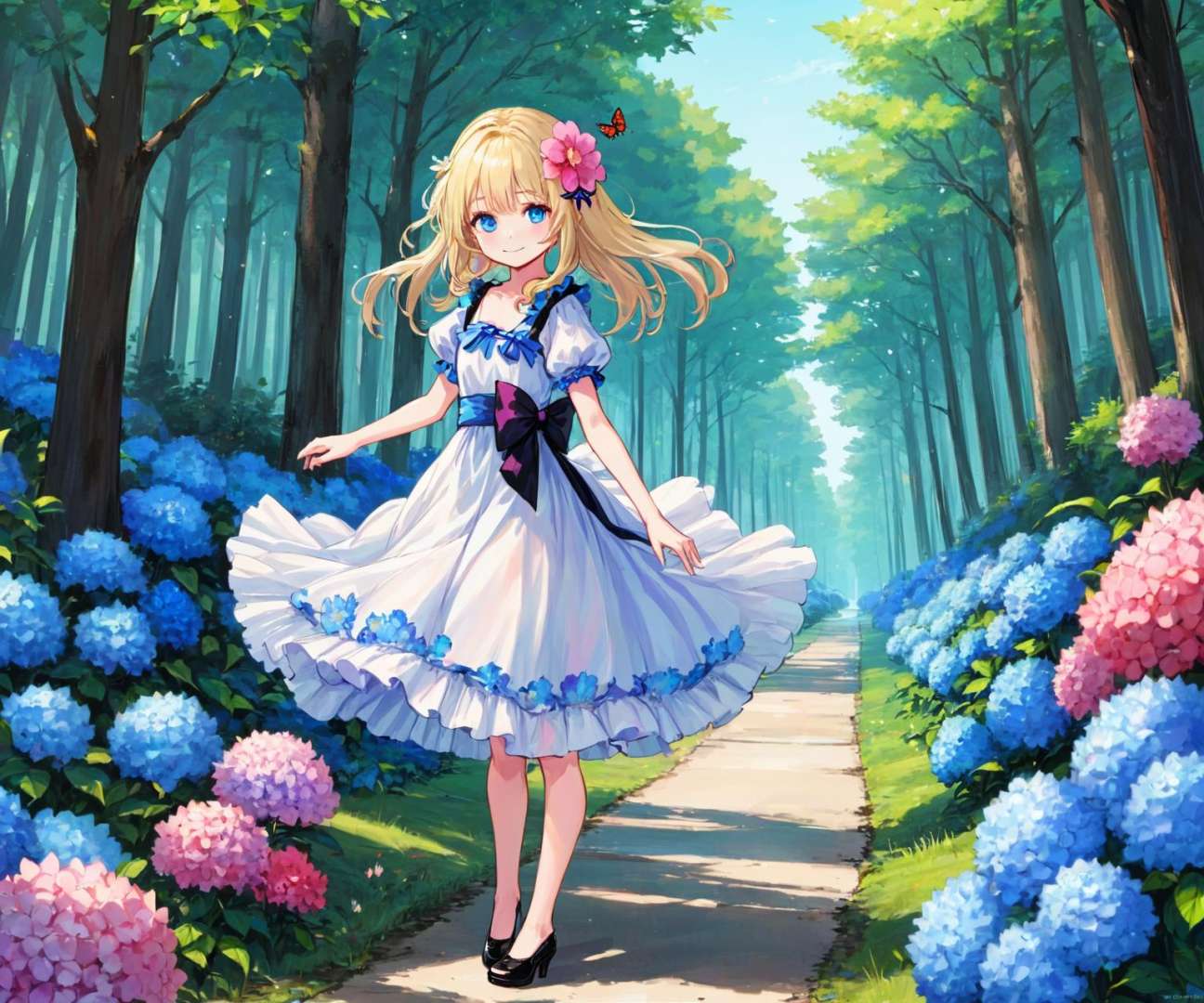 nebulaewisdomanimestyle, 1girl, flower, solo, dress, bug, butterfly, long hair, blue eyes, hair ornament, white dress, outdoors, ahoge, tree, short sleeves, blue flower, day, looking at viewer, skirt hold, blush, nature, puffy sleeves, bangs, puffy short sleeves, standing, forest, bow, hydrangea, full body, animal, blonde hair, parted lips, pink flower, hair flower, high heels, smile, blurry, frills, path, red bow, black footwear, purple flower, 