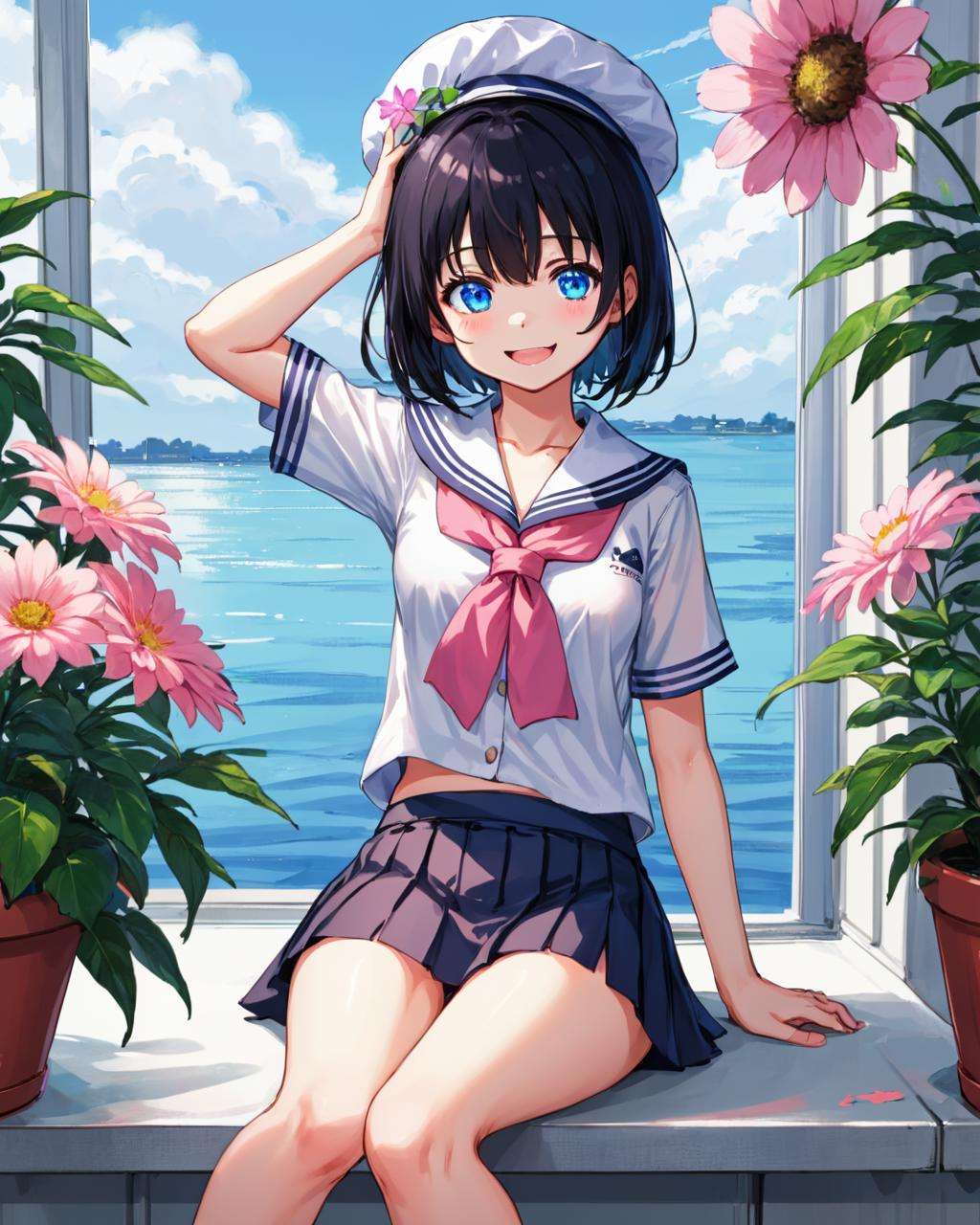 1girl, barefoot, underwear, blue eyes, panties, skirt, feet, solo, flower, open mouth, school uniform, hair ornament, smile, hat, white panties, soles, looking at viewer, sitting, serafuku, pleated skirt, hair flower, sailor collar, short sleeves, black hair, shirt, toes, navel, :d, fang, neckerchief, white shirt, arm up, pantyshot, bare legs, blue flower, miniskirt, water, pink flower, breasts, day, bangs, short hair, beret, legs, arm support, pillow, plant, collarbone, ass, sign, vase, knees up, midriff, black skirt, potted plant, sky, blush,nebulaewisdomanimestyle,