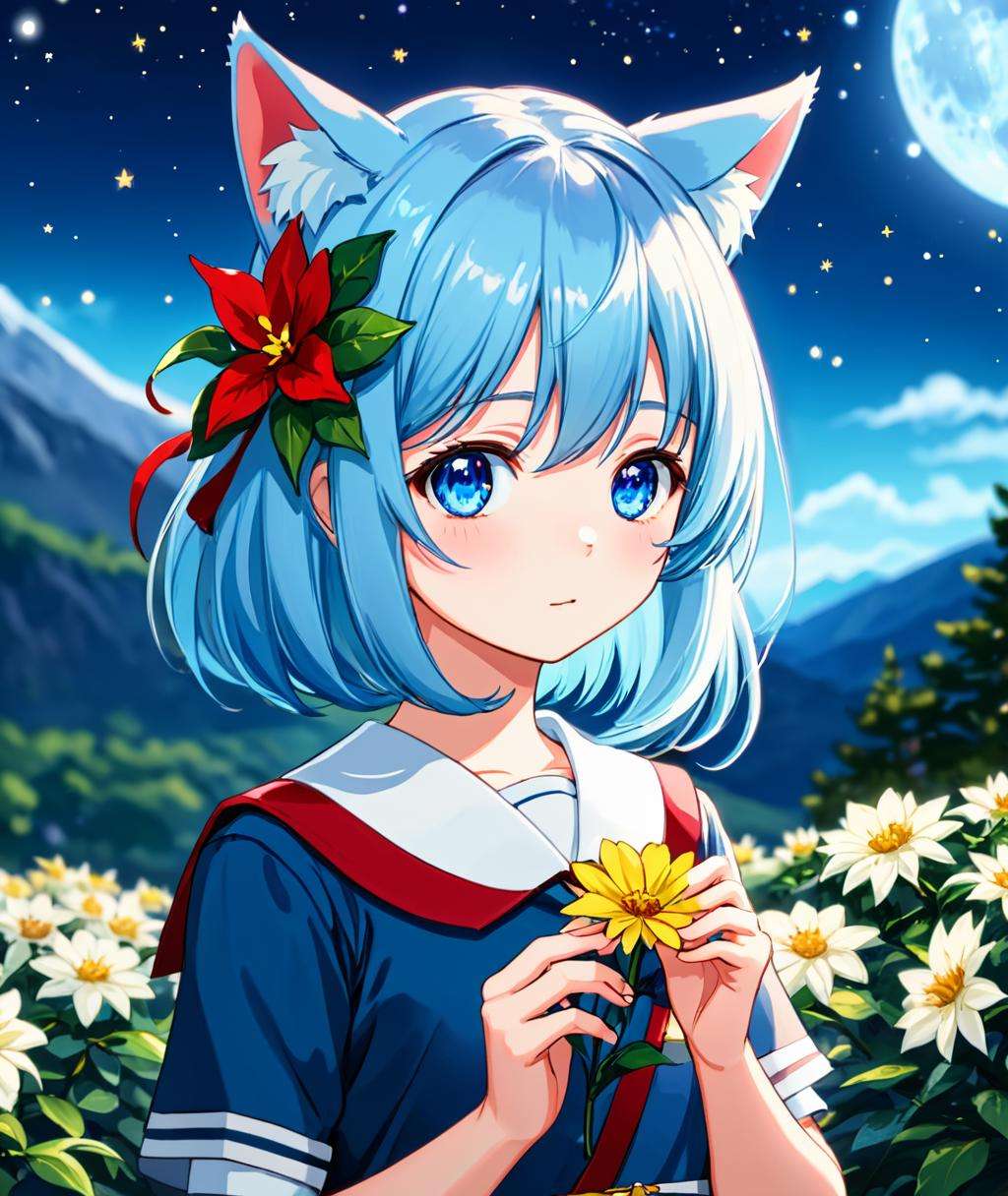 cinematic film still nebulaewisdomanimestyle,1girl,portrait,looking at viewer,cat ears, school uniform, outdoors,blue hair,holding flower,hair between eyes, red eyeys,flower hair ornament, sparkling eyes, nignt sky milky way background, tree,mountain,. shallow depth of field, vignette, highly detailed, high budget, bokeh, cinemascope, moody, epic, gorgeous, film grain, grainy