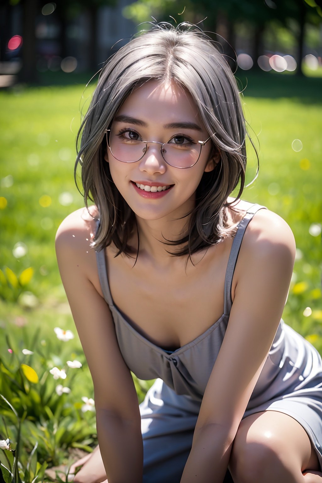 A girl with glasses, (medium hair), (Silver hair), summer, on the grass, smiling, looking at the camera, sunlight, photography, texture, shallow depth of field, 16k, extremly detailed, 1girl,Real, <lora:EMS-18269-EMS:1>, <lora:EMS-12812-EMS:0.6>, <lora:EMS-14413-EMS:0.6>, <lora:EMS-14457-EMS:0.4>