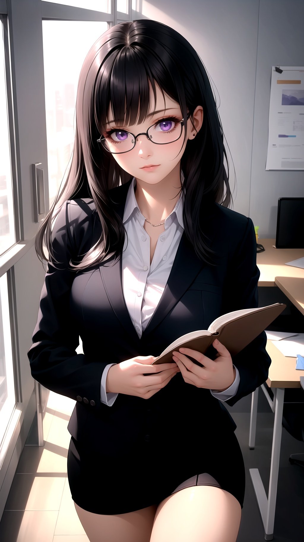 (best quality:1.1), (masterpiece:1.2), high quality shadow, beautiful detailed, beautiful face, detailed eyes, depth of field, highres, best shadow, best illumination, 1girl, looking at viewer, black hair, blunt bangs, long hair, purple eyes, shy, large breasts, miniskirt, blouse, blazer, pumps, office lady, glasses,