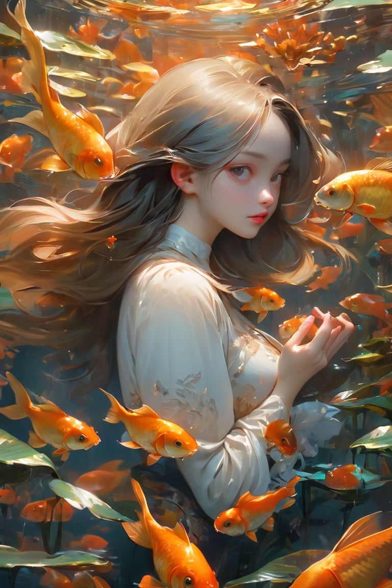 High detailed, High precision, Hyper quality, UHD,16k, Rich details, rich elements, guofeng, illustration,1girl, beautiful,Surrounded by goldfish, surrounded by goldfish, lotus, lotus leaf, pearlygates,bj_Devil_angel