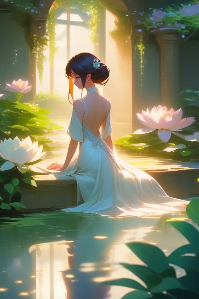 anime artwork ((Hard Lighting)), Chinese Girl, Backless wedding dress, Leaning forward with hands on thighs, Computer Animation, In a hidden sanctuary, a garden of tranquility unfurls, its graceful blossoms and serene ponds invoking a sense of calm, reflected light, direct, Aliens, 1girl, light ivory . anime style, key visual, vibrant, studio anime,  highly detailed