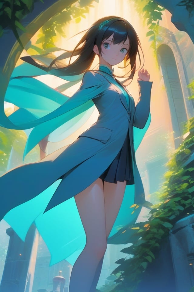 anime artwork ((Daylight)), ((((surface light)))), ((stocking)), Chinese Girl, Cape blazer, Standing with one arm reaching out, venerable, Ancient ruins entwined with colossal, magical vines, Diagonal, natural, negative fill, 1girl, light slate blue . anime style, key visual, vibrant, studio anime,  highly detailed