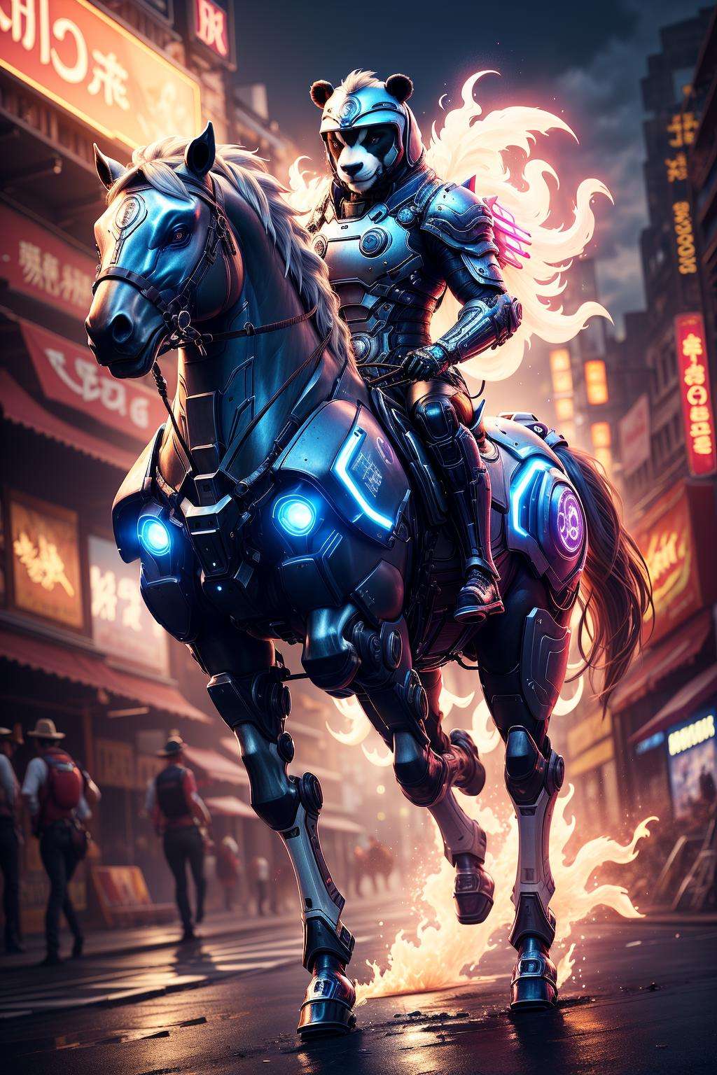 ((masterpiece)), ((best quality)), 8k, high detailed, ultra-detailed, beautiful eye, mecha,animalbot, panda, BREAK, horse, riding horse, horseback riding, full body, glowing, fluid effects, cinema light, neon, colorful, blue theme, motion blur, <lora:xsmecha:0.5>