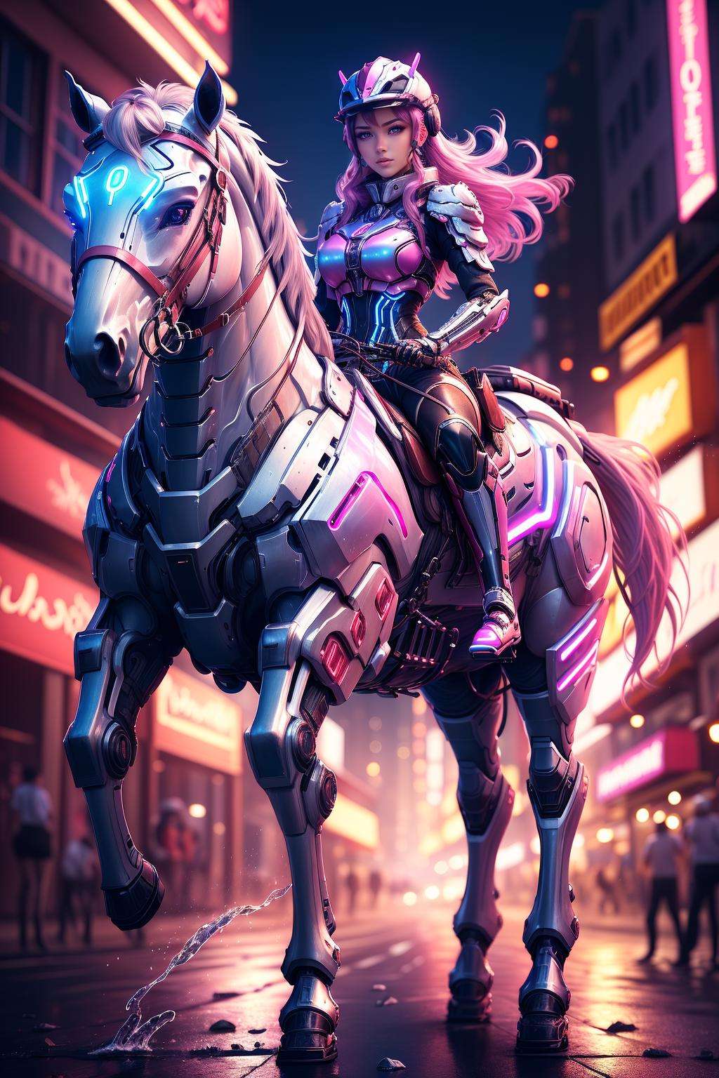 ((masterpiece)), ((best quality)), 8k, high detailed, ultra-detailed,1girl, beautiful eye, mecha,animalbot, horse, horseback riding,full body, glowing, fluid effects, cinema light, neon, colorful, pink theme, motion blur, <lora:xsmecha:0.5>