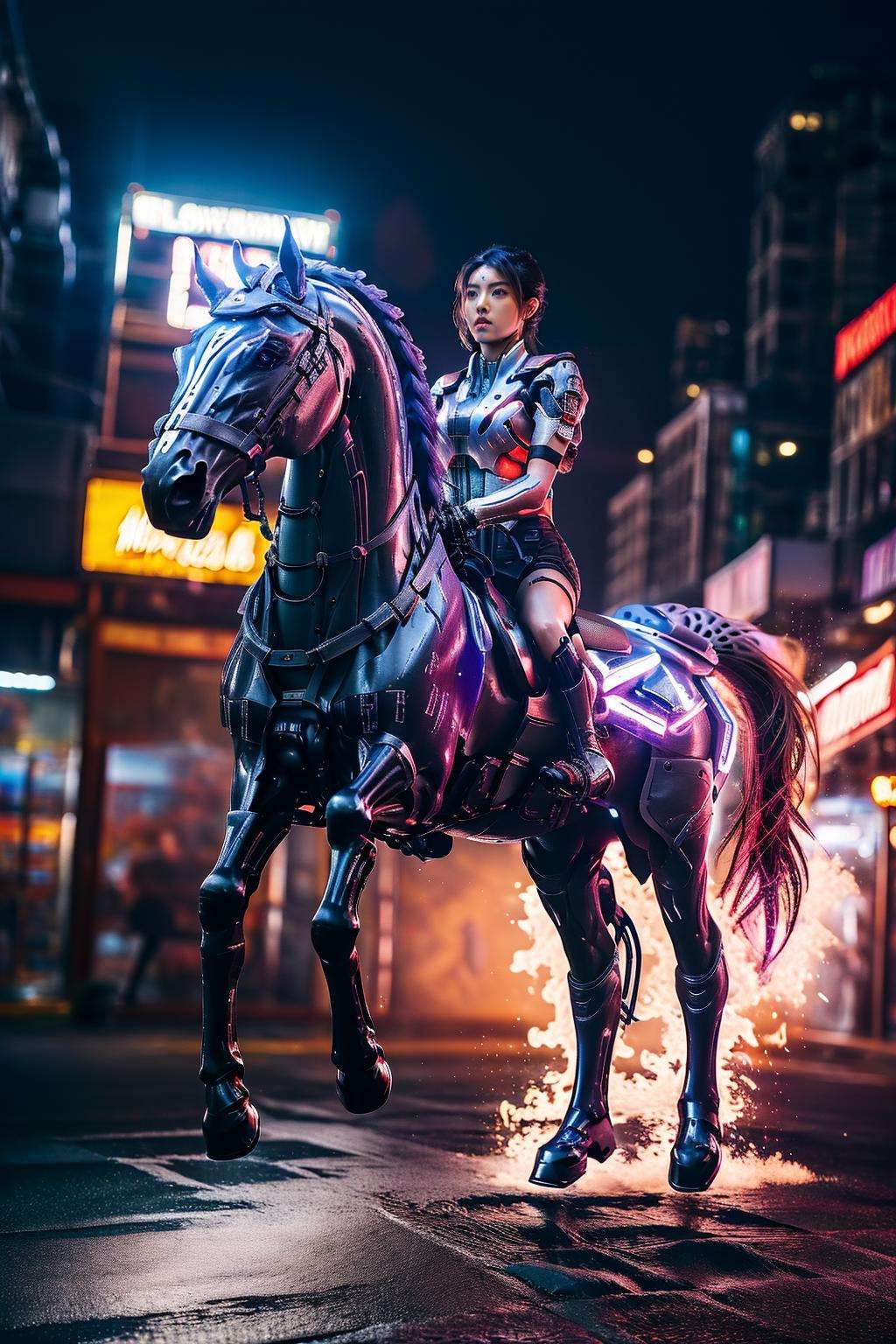 ((masterpiece)), ((best quality)), 8k, high detailed, ultra-detailed, (1girl:1.2), mecha, weapon, gunfire, battle pose, black hair, full body, glowing, red horse, horseback riding, fluid effects, cinema light, neon, colorful, rainbow theme, motion blur, <lora:xsmecha:0.7>