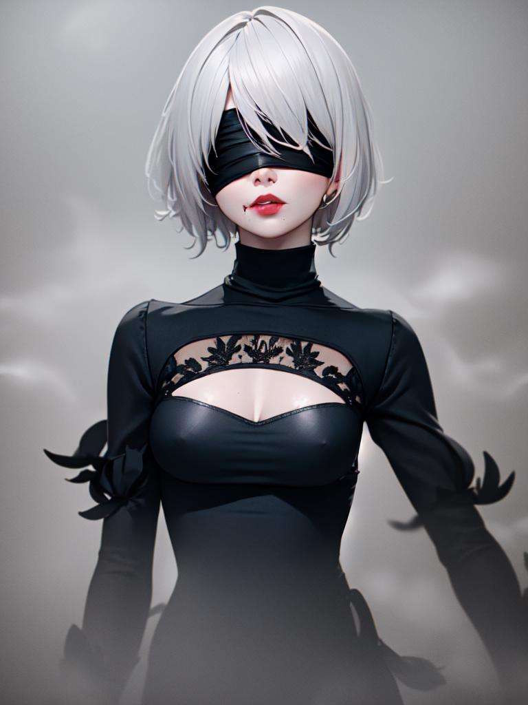 (masterpiece, best quality, detailed:1.4) photo of yorha no. 2 type B, white hair, blindfold, lifelike, black goth dress, turtleneck, bangs, feather trim, feather-trimmed sleeves, blood, blue eyes, [red::white:6] fog, (foggy:1.5), trending on artstation, rim light, greyscale,, cgi, stylized, anime, digital <lyco:2B-lc-000005:0.8>