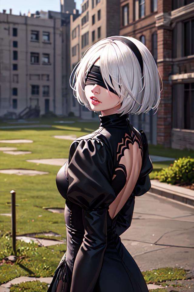 (masterpiece, best quality, detailed:1.4), 2B Nier Automata, 1girl, yorha no. 2 type b, solo, bob cut, white hair, parted lips, lips, lifelike, long sleeves, juliet sleeves, white gloves, turtleneck, bangs, feather trim, feather-trimmed sleeves, blindfold, standing, from behind, black goth dress, outdoors, post-apocalypse, day <lyco:2B:0.55>