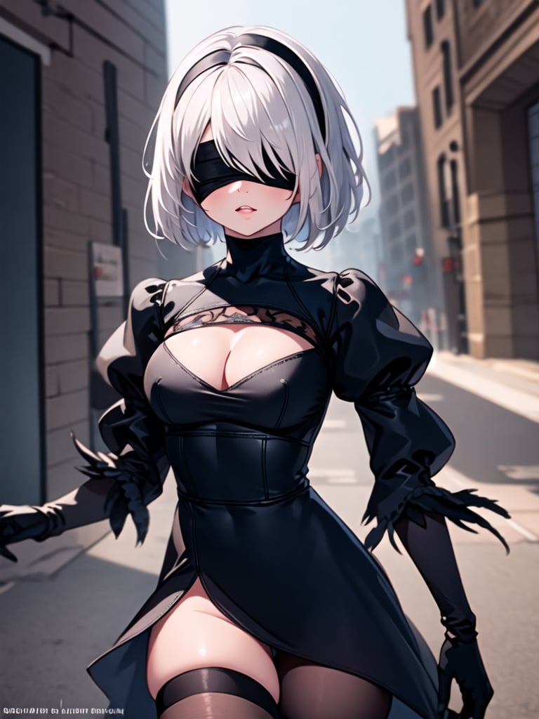 (masterpiece, best quality, detailed:1.4) 1girl, full body portrait of a yorha no. 2 type b, wearing a black goth dress, bob cut, silver hair, blindfold, long sleeves, juliet sleeves, cleavage, black hairband, gloves, turtleneck, bangs, feather-trimmed sleeves, digital lighting, studio colors, vivid art, fantasy art, concept art, sharp focus, cinematic lighting, illustration, dynamically outdoors, utterly late dusk <lyco:2Bv2-lc:0.7>