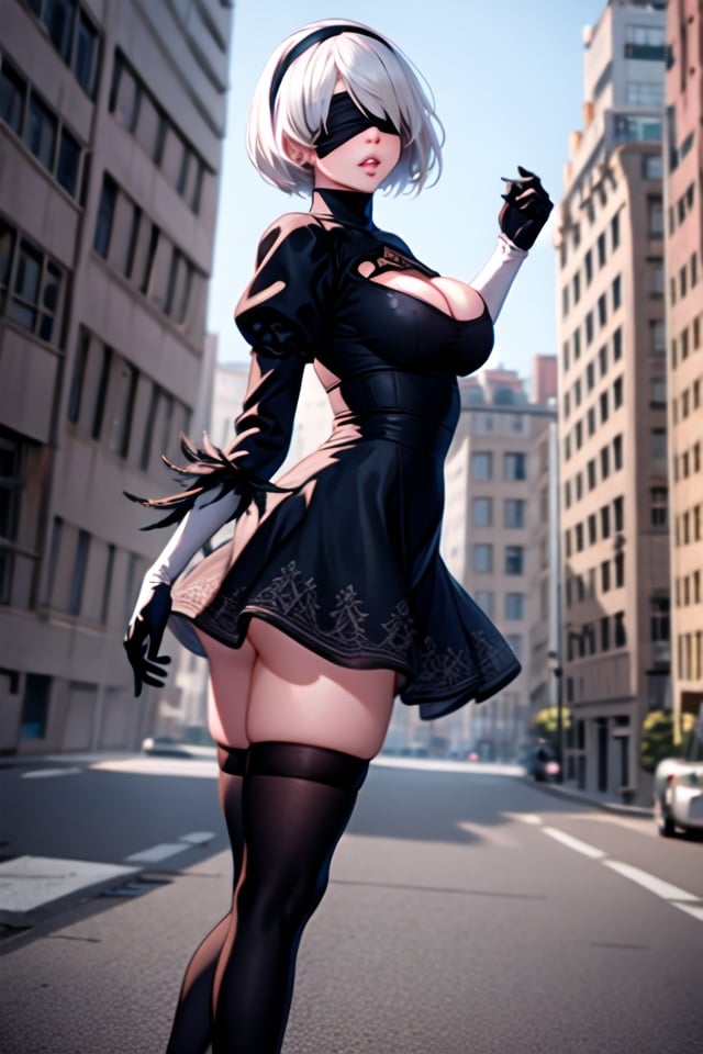 (masterpiece, best quality, detailed:1.4), 1girl, 2B Nier Automata, YoRHa No.2 Type B, solo, bob cut, white hair, parted lips, lips, breasts, medium breasts, long sleeves, juliet sleeves, cleavage cutout, black hairband, parted lips, black thighhighs, black gloves, cleavage, turtleneck, bangs, feather trim, feather-trimmed sleeves, black blindfold, black skirt standing, from behind, low angle outdoors, buildings, city, post-apocalypse, day <lyco:2Bv2-lc:0.7>