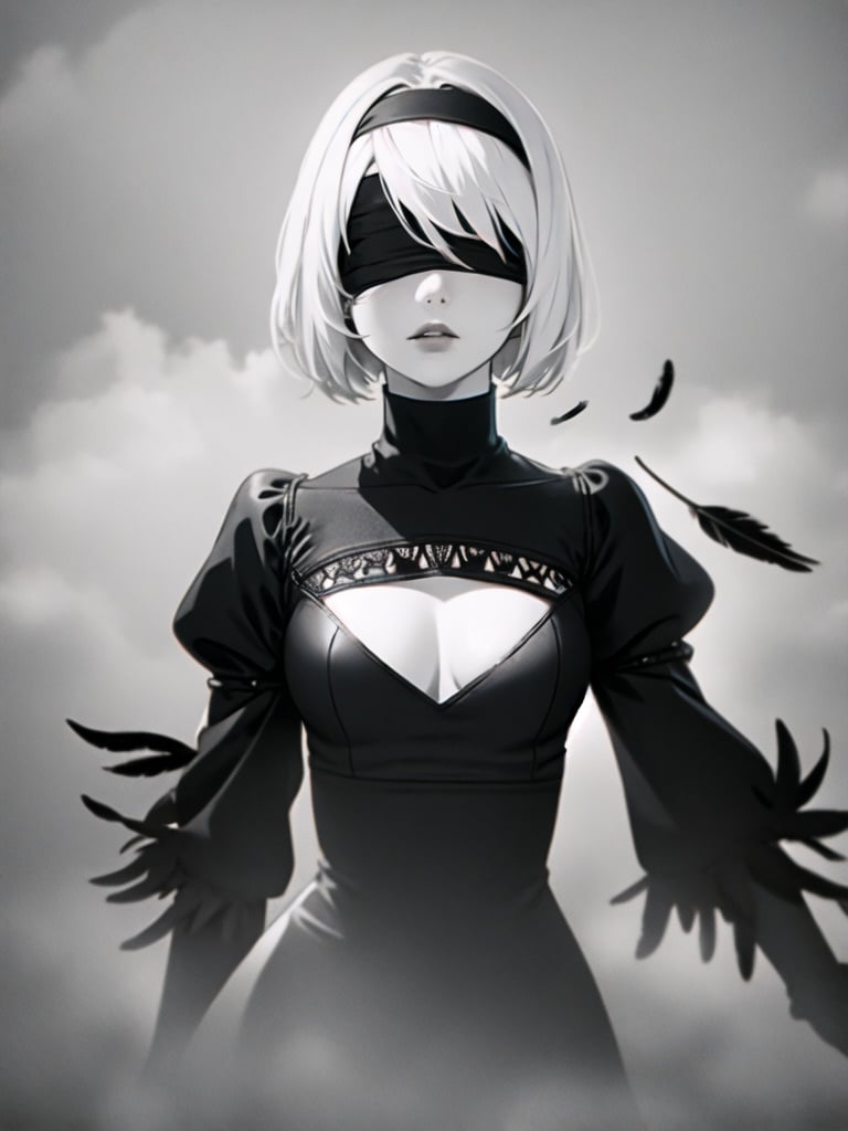 (masterpiece, best quality, detailed:1.4) photo of yorha no. 2 type B, white hair, blindfold, lifelike, black goth dress, turtleneck, bangs, feather trim, feather-trimmed sleeves, blood, blue eyes, [red::white:6] fog, (foggy:1.5), trending on artstation, rim light, greyscale,, cgi, stylized, anime, digital, <lyco:2Bv2-lc:0.6>