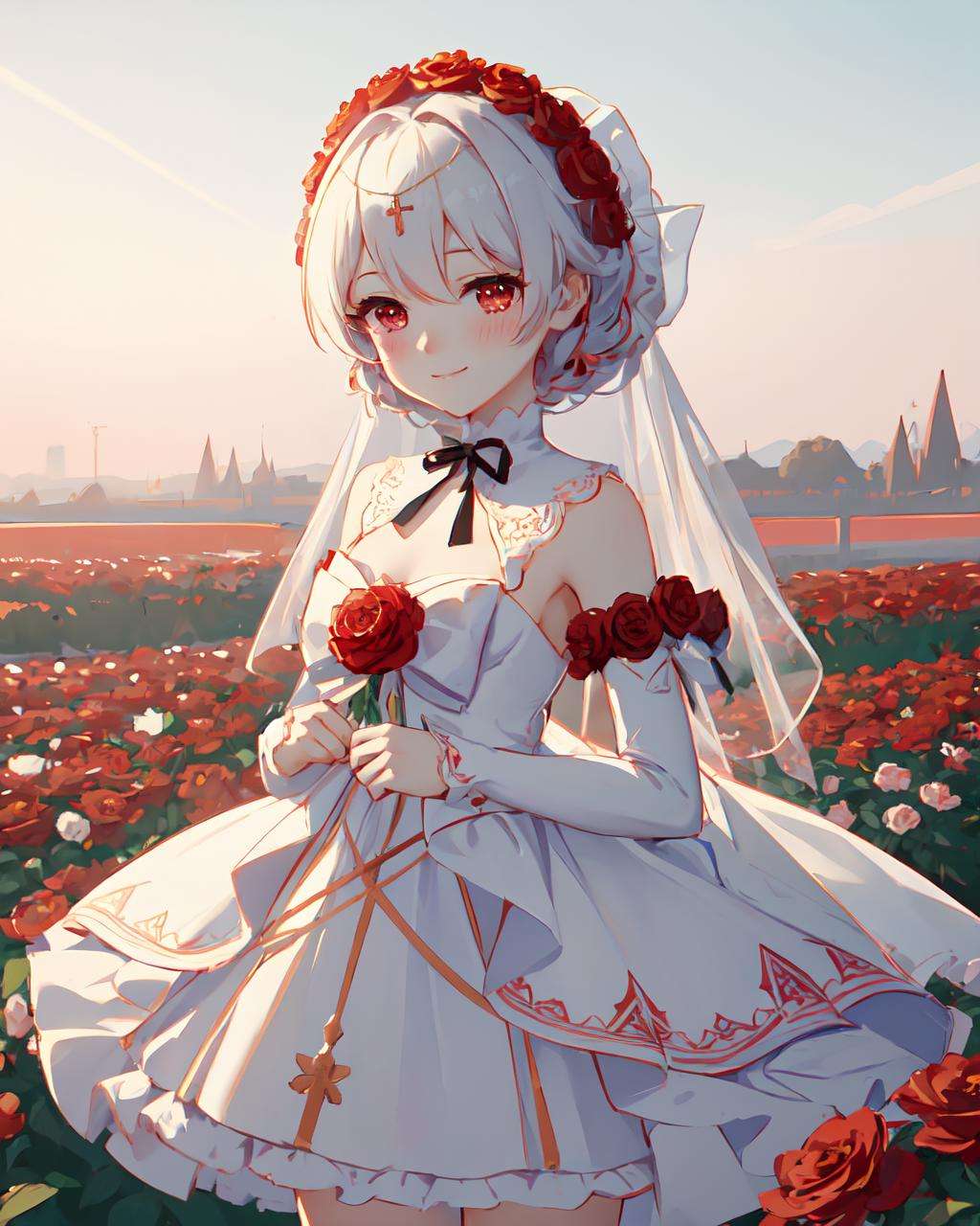 <lora:rosy_bridesmaid_m6:1>, rosy bridesmaid, (masterpiece, top quality, best quality, official art, beautiful and aesthetic:1.1), extreme detailed, colorful, 1girl, standing, cowboy shot, looking at viewer, blush, light smile, wedding dress, rose, outdoors, garden, flower, floral background, grass, sun, blue sky, depth field