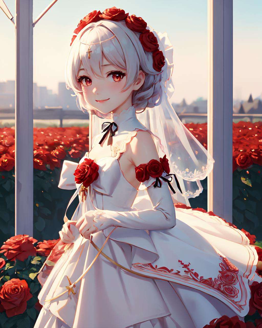 <lora:rosy_bridesmaid_m6:1>, rosy bridesmaid, (masterpiece, top quality, best quality, official art, beautiful and aesthetic:1.1), extreme detailed, colorful, 1girl, standing, cowboy shot, looking at viewer, blush, light smile, wedding dress, rose, outdoors, garden, flower, floral background, sun, blue sky, depth field