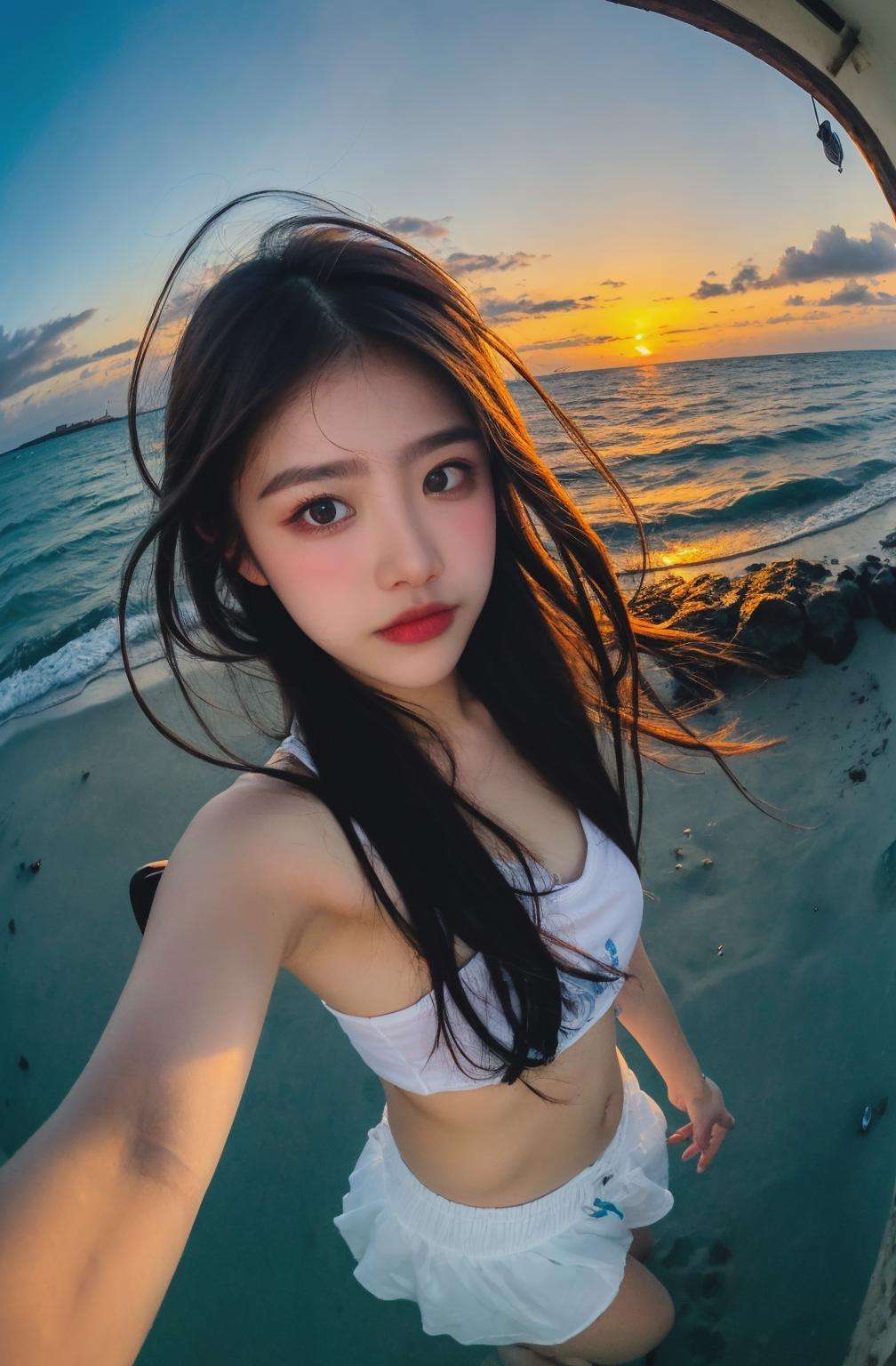 1girl, fisheye, selfie, sea, wind, messy hair, sunset, beach, (aesthetics and atmosphere:1.2), 