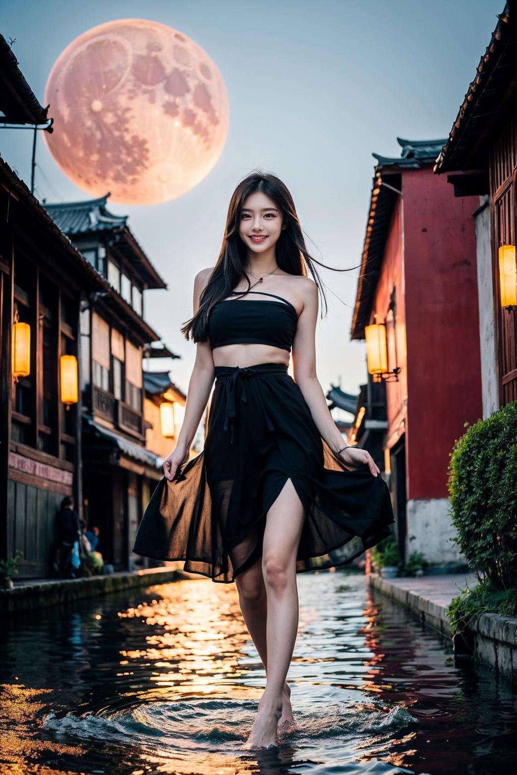 realistic, photorealistic, masterpiece, best quality, dark shot, 1girl, solo, smile, looking at viewer, long black hair, ([:see-through:4]:1.2) cns_dress, standing by a river, dynamic pose, (china jiangnan water town style:1.1), water, colorful, incredible beautiful sky, netural lighting, dynamic Angle, vivid colors, neon, (pink moon:1.2),bridge, <lora:more_details:0.1>