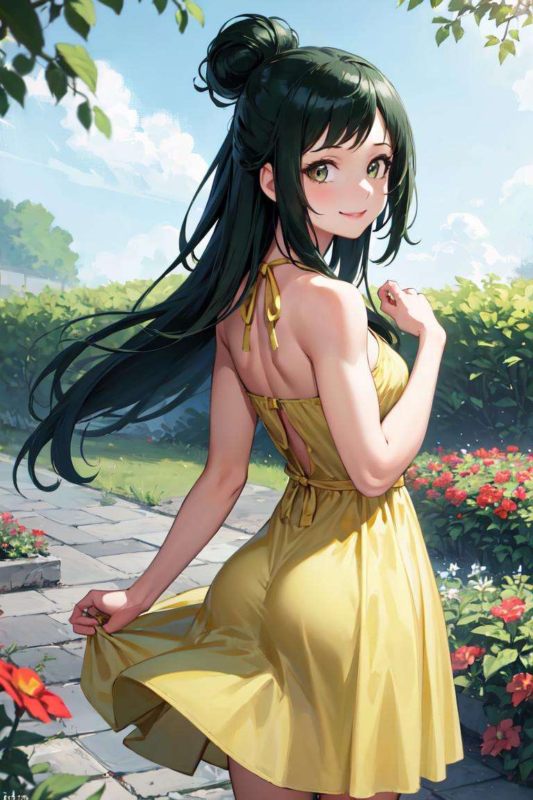 masterpiece, best quality, absurdres, perfect anatomy, 1girl, solo, InkoMidoriya, from behind, (yellow sundress), garden, day, sunshine, smile, looking back, <lora:InkoMidoriya:1>