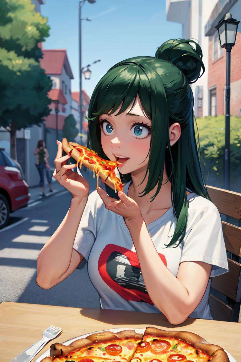 masterpiece, best quality, absurdres, perfect anatomy, 1girl, solo, InkoMidoriya, t-shirt, eating, table, upper body, pizza, happy, lamp, outdoors, street, lamppost, <lora:InkoMidoriya:1>