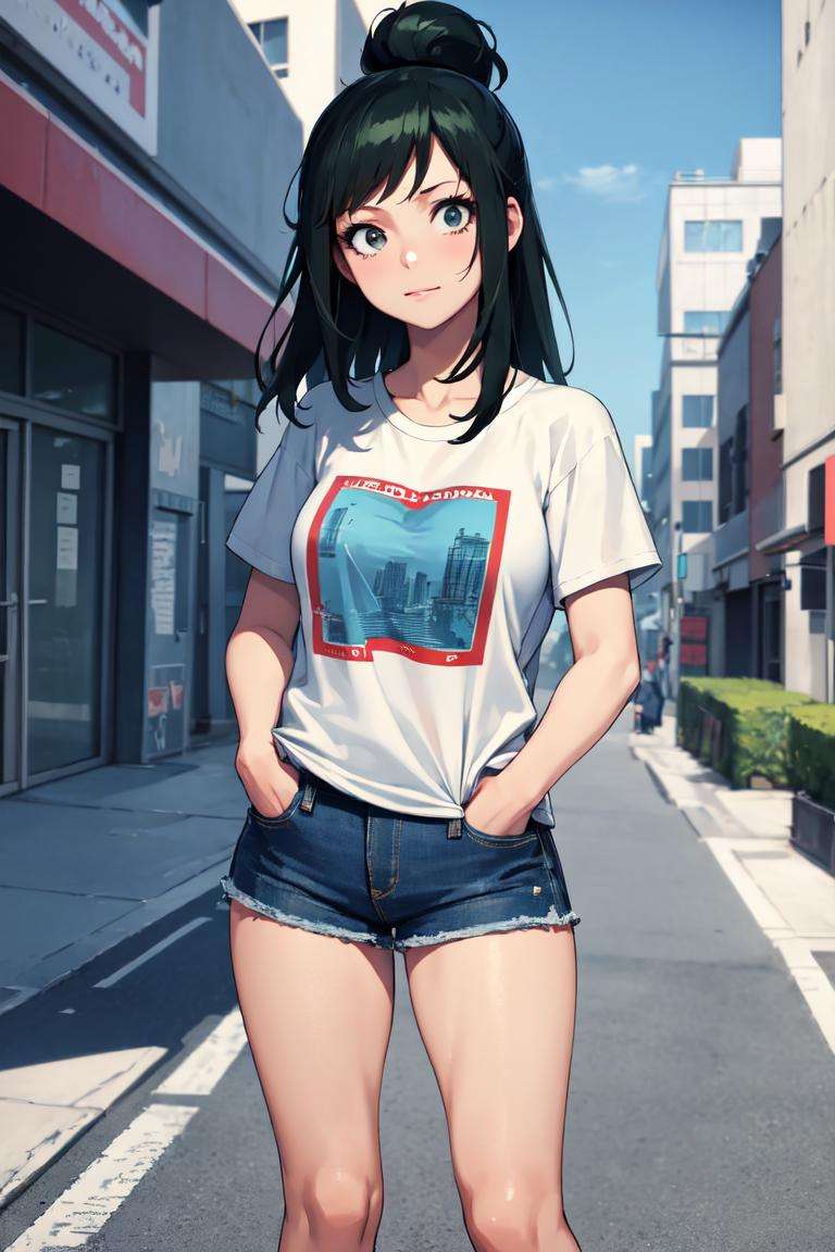 masterpiece, best quality, absurdres, perfect anatomy, 1girl, solo, InkoMidoriya, graphic tee, denim shorts, standing, outdoors, city, hands in pockets, <lora:InkoMidoriya:1>