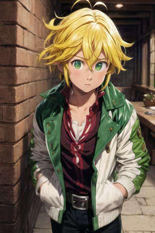 masterpiece, best quality, ultra-detailed, illustration, 1boy, solo, male focus, looking at viewer, upper body, , <lora:meliodas_nanatsu_no_taizai:0.74>, meliodas_nanatsu_no_taizai, blonde hair, green eyes, jacket