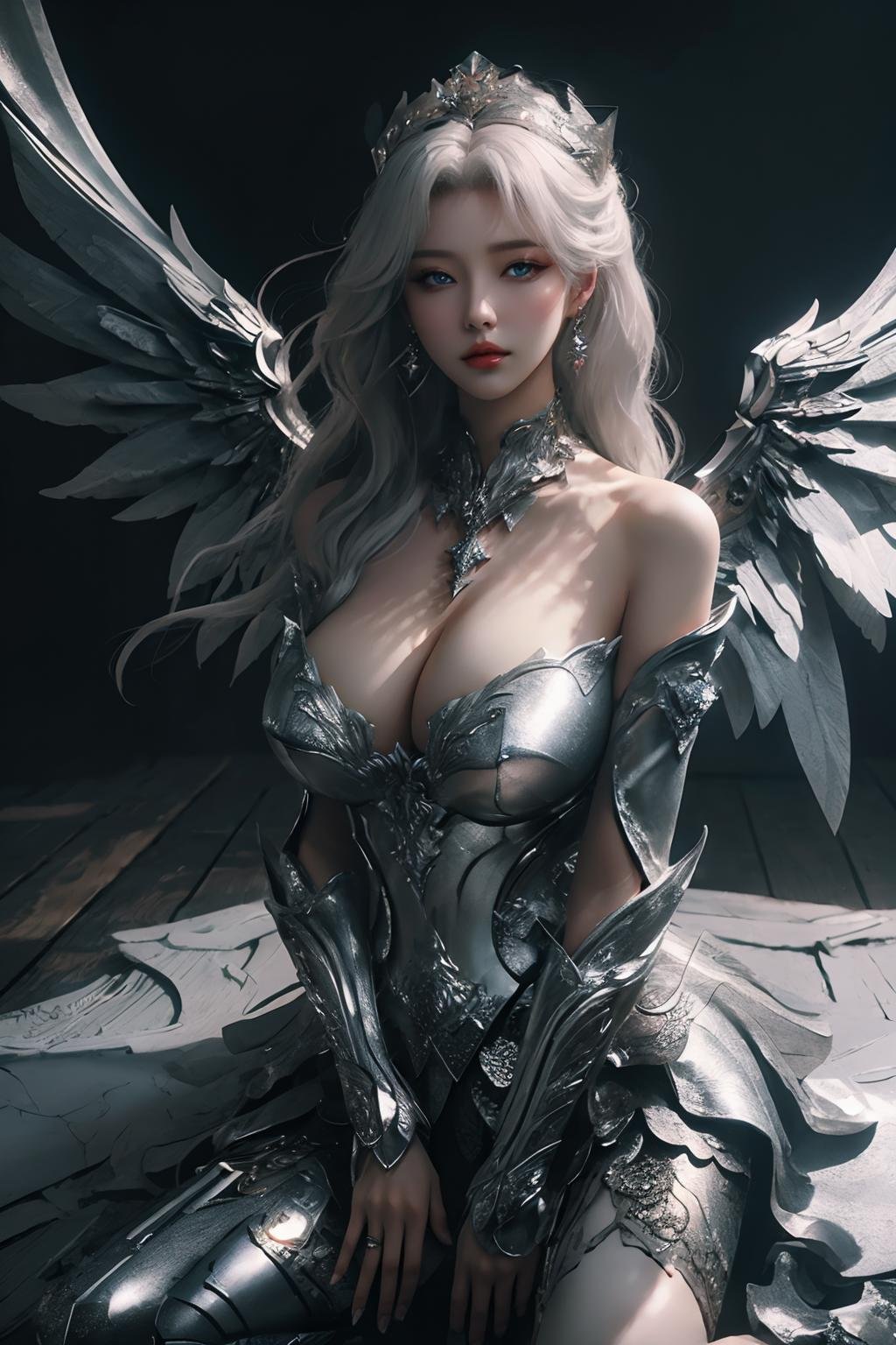 (extremely detailed CG unity 8k wallpaper,masterpiece, best quality, ultra-detailed, beautiful detailed eyes:1.2),best illumination, (best shadow, an extremely delicate and beautiful, bloom),1 girl,breasts, solo,white hair,cleavage, looking at viewer, barefoot, (bare shoulders:1.4),moon, white wings, angel wings, crescent, blue eyes, hand up, ((gigantic hanging breasts:1.4)),collarbone, jewelry, large breasts, lips, bare legs, earrings, detached sleeves, red lips, fingernails, strapless, parted lips,Beautiful facial features,Wings,starry sky,full body,Complex decoration,Black Armor,Best quality,masterpiece,upper body shot,close face,looking at the audience,Anime face,2.5D,8k. Strong lighting,light and shadow texture,texture details,With a long sword in hand,