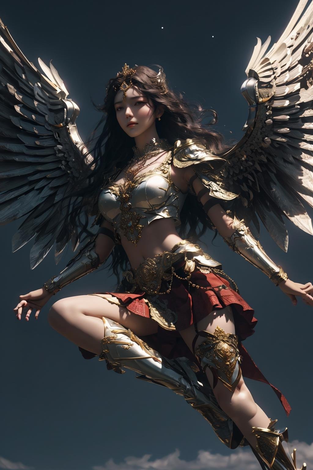 (extremely detailed CG unity 8k wallpaper,masterpiece, best quality, ultra-detailed, beautiful detailed eyes:1.2),best illumination, (best shadow, an extremely delicate and beautiful, bloom),1girl,solo,(brown eyes,big eyes),(red jewel), long skirt,collarbone,((gigantic hanging breasts:1.2)),navel, long hair, earrings, necklace, black hair, breasts, midriff, armpits, skirt, sky, arms up, red skirt, hair ornament, dancer, breasts, beads, circlet, blue sky,Beautiful facial features,Wings,starry sky,full body,Complex decoration,Black Armor,Best quality,masterpiece,upper body shot,close face,looking at the audience,Anime face,2.5D,8k. Strong lighting,light and shadow texture,texture details